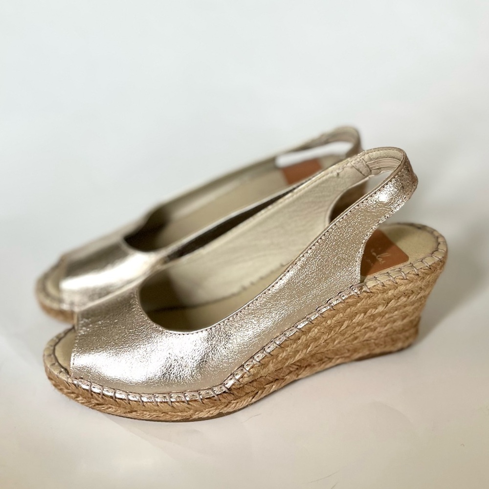 Fabiolas Gold Leather Wedge Espadrilles